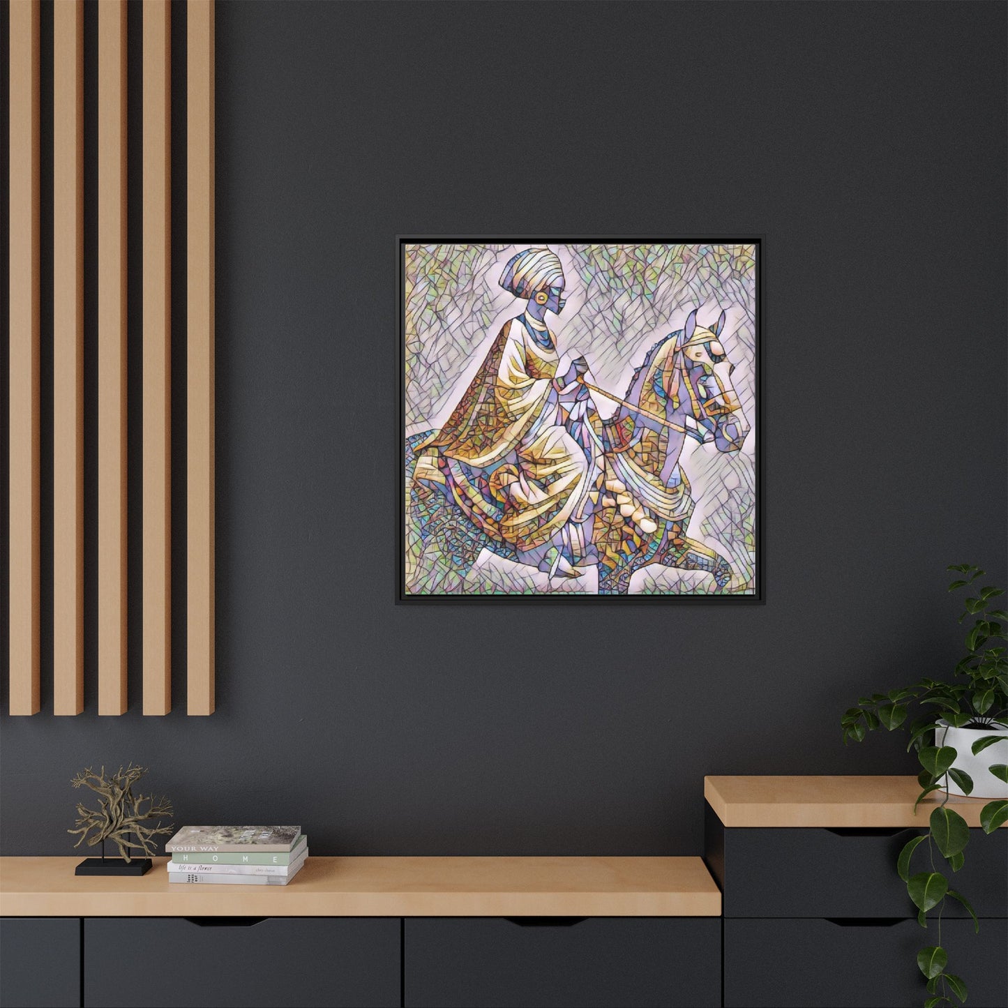 Mosaic Rider Framed Canvas Art — African Horsewoman Wall Decor