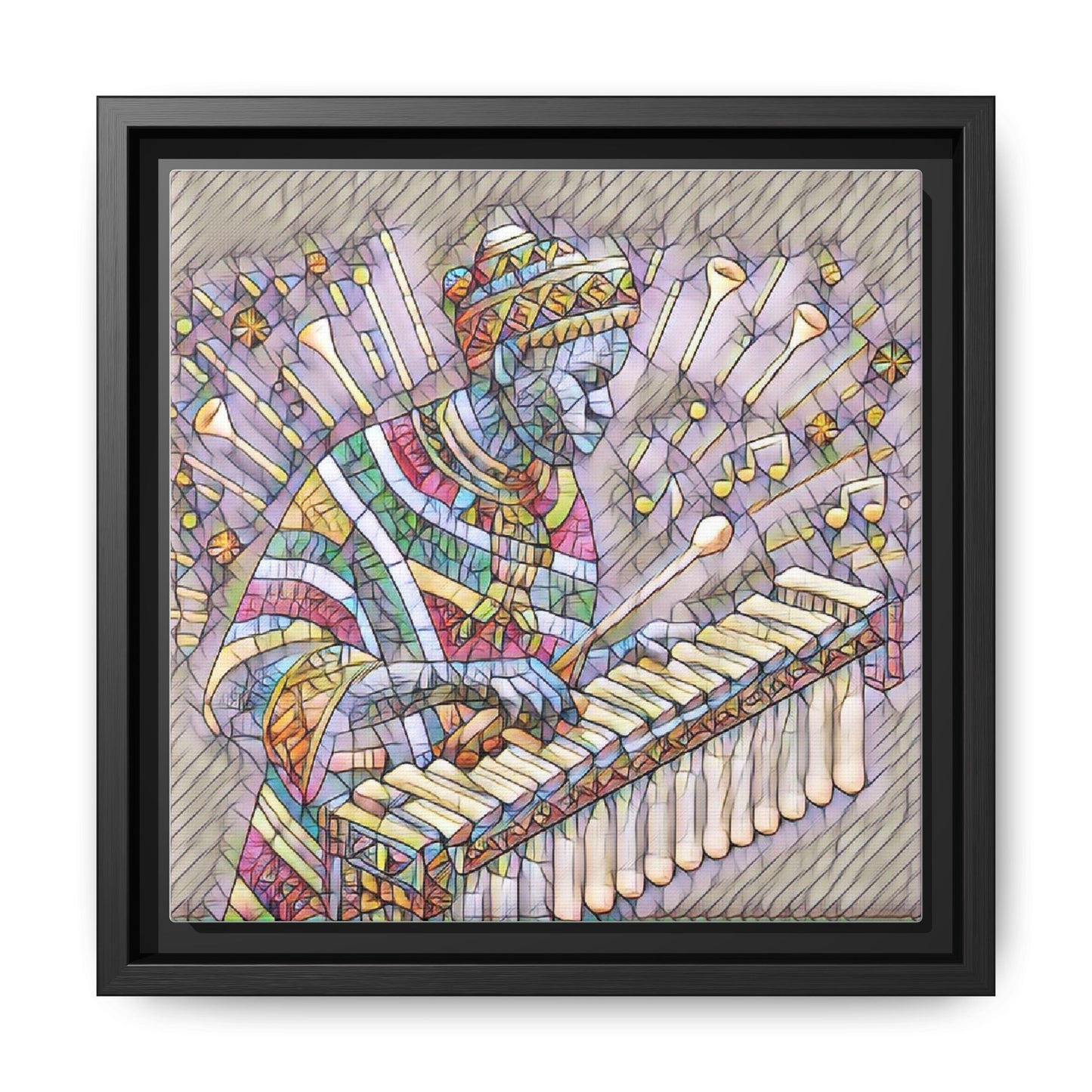 Colorful Marimba Musician Matte Framed Canvas — Vibrant African Instrument Wall Art