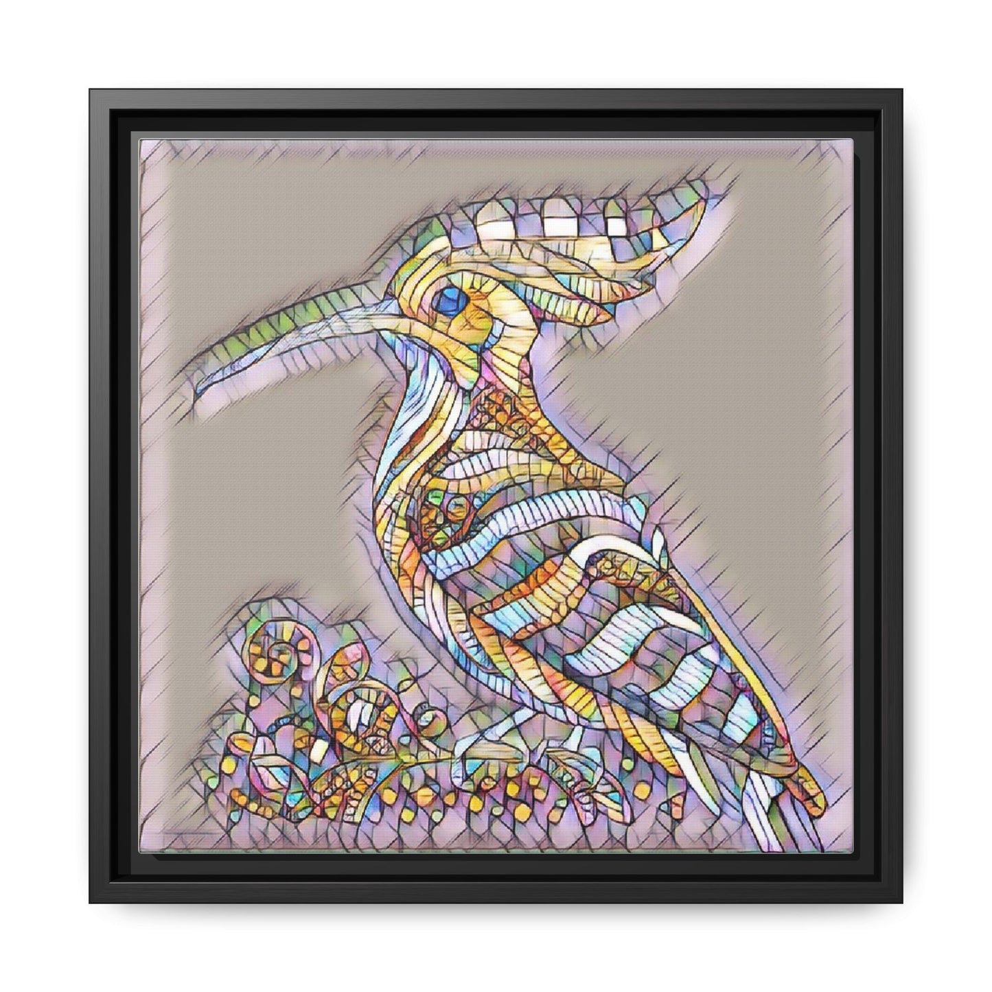 Colorful Mosaic Bird Framed Canvas Art — Whimsical Hoopoe Wall Decor