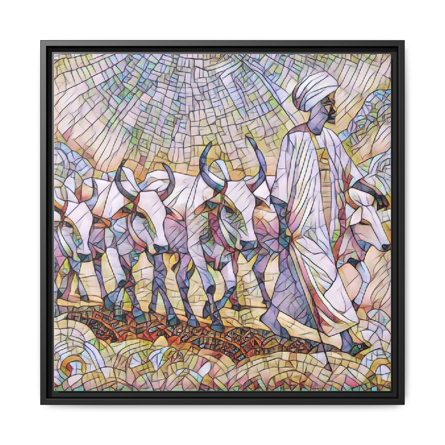 Framed Matte Canvas Art — African Herdsman Mosaic Print