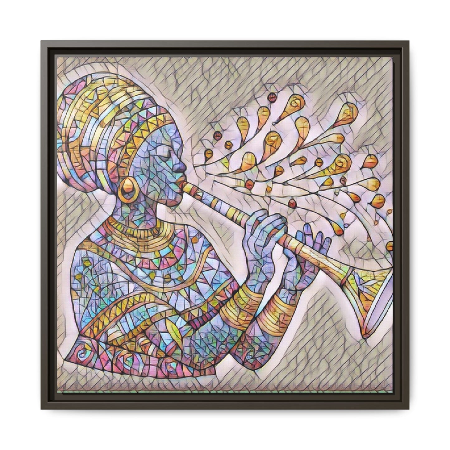 Framed Matte Canvas Art – Colorful African Musician Trumpet Print