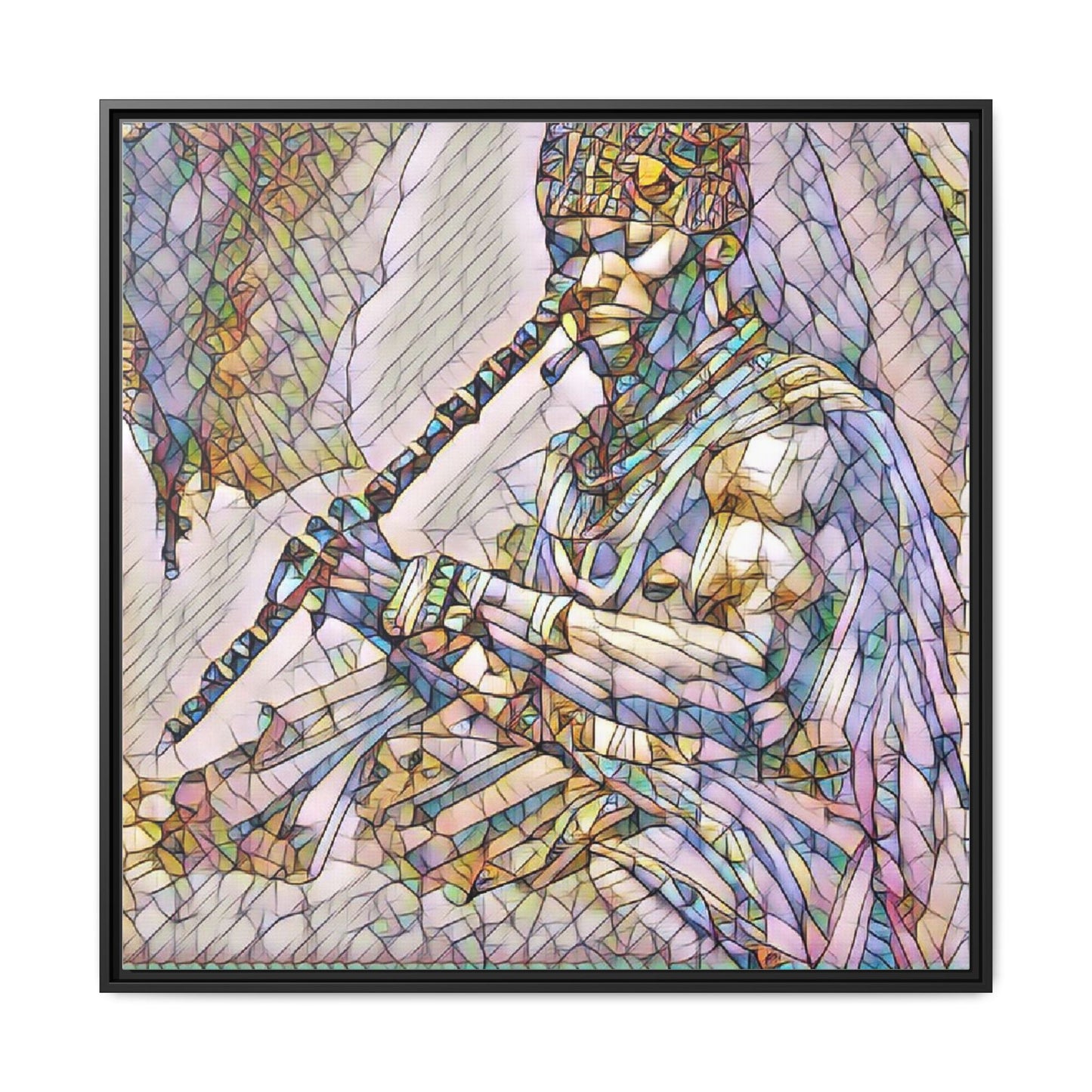 Tribal Flute Musician Stained-Glass Framed Canvas Art