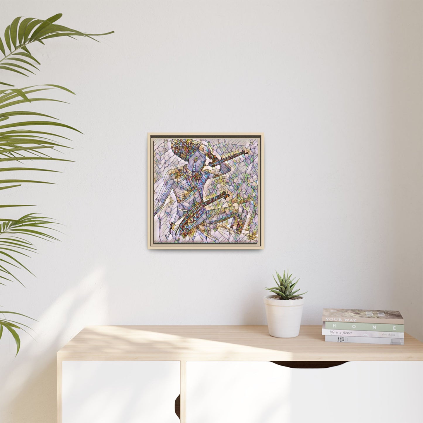 Stained Glass Blue Musician — Framed Matte Canvas Art