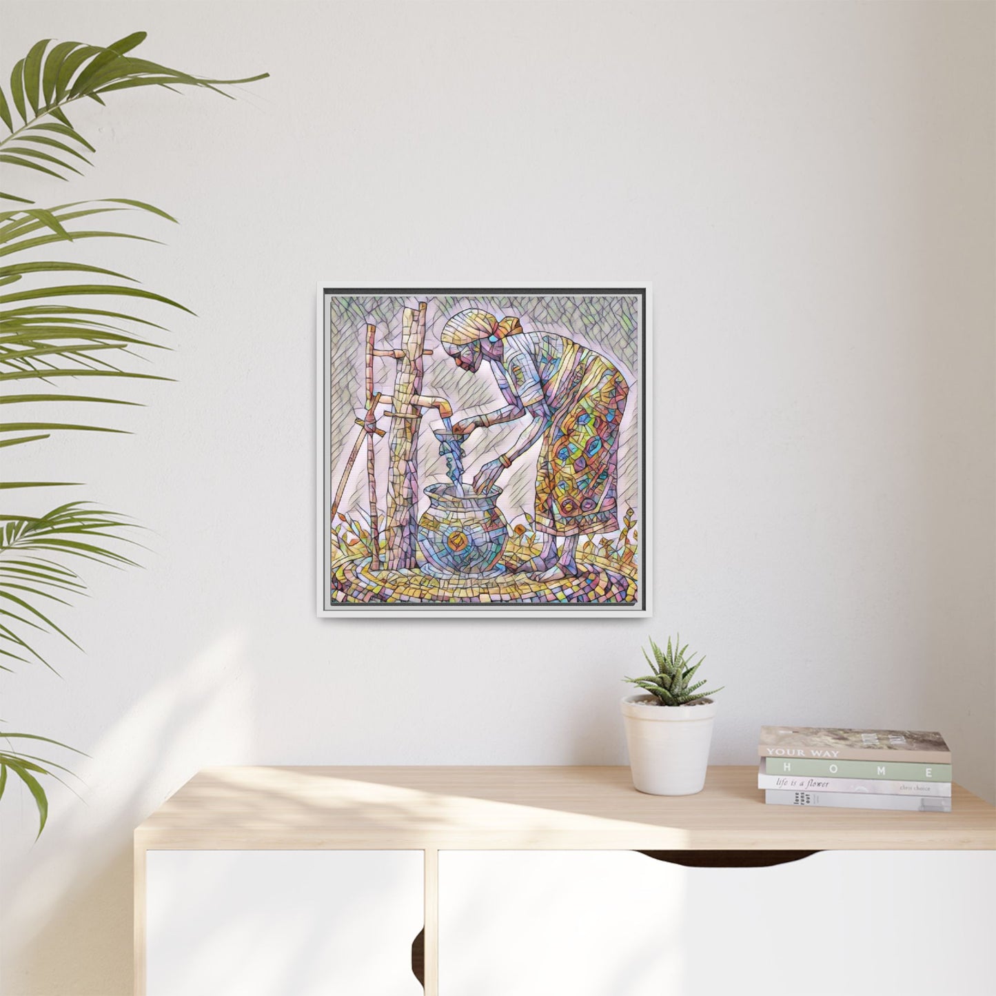Framed Matte Canvas Art — Colorful Mosaic Woman at Well