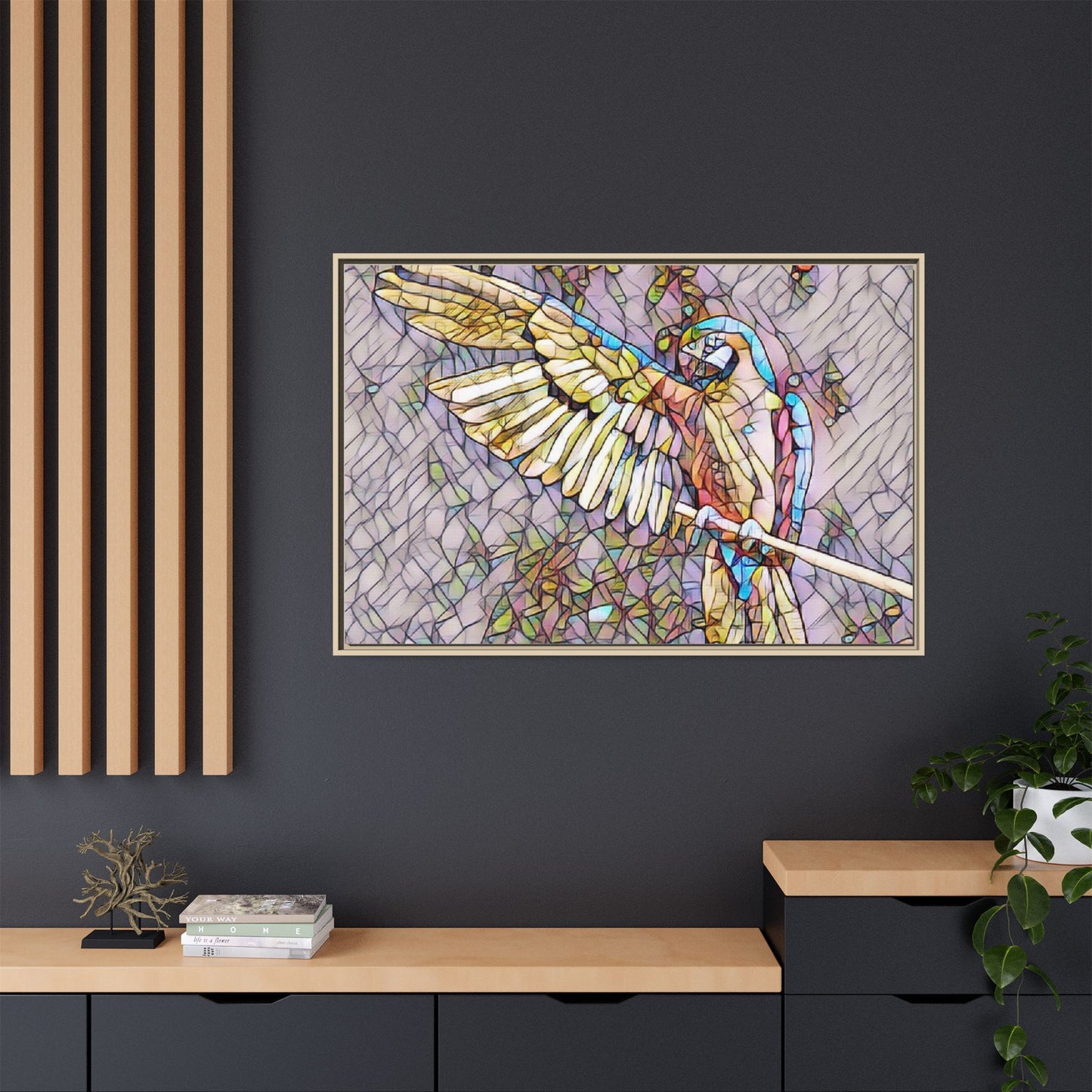 Framed Parrot Stained-Glass Art Print — Matte Canvas Wall Decor