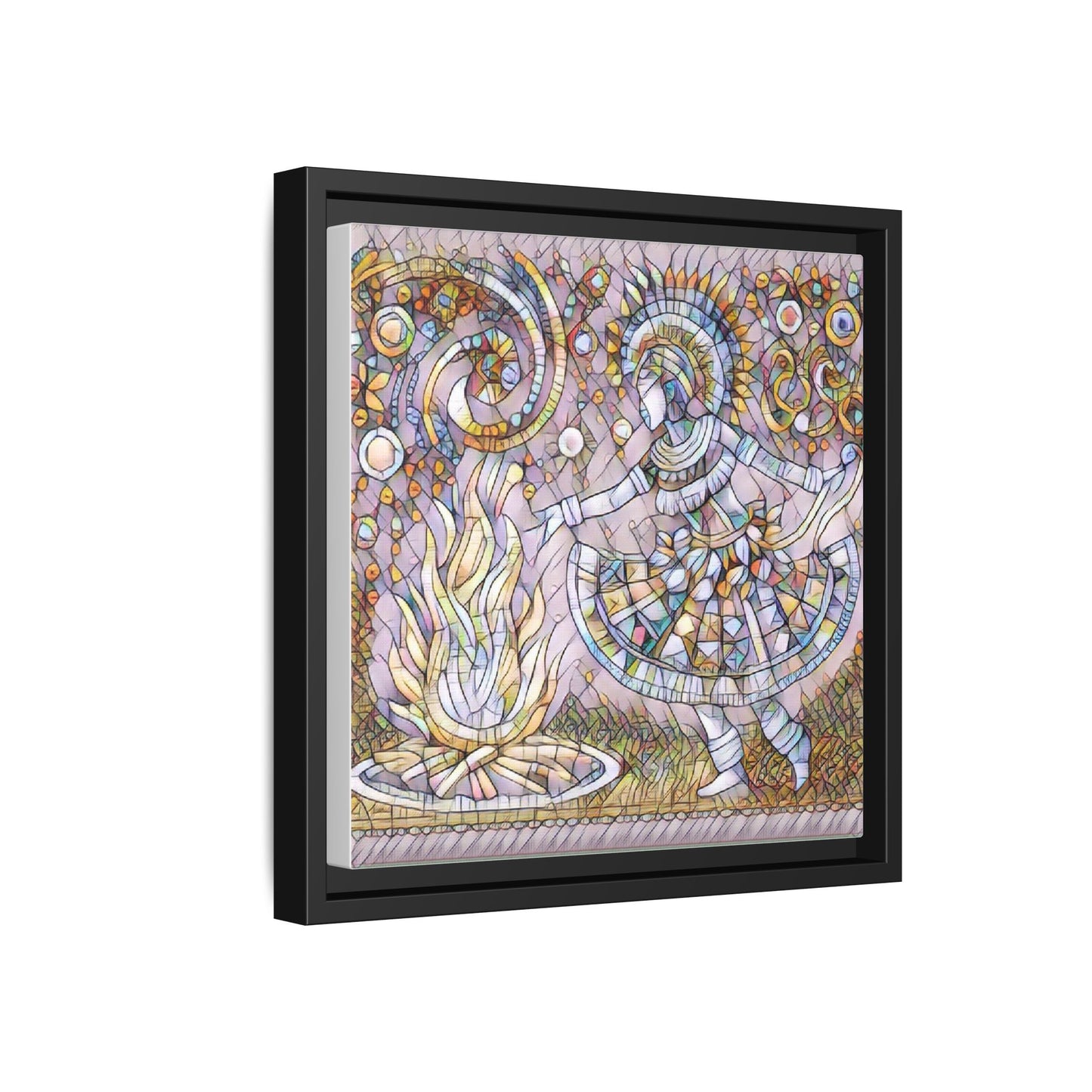 Bohemian Fire Dancer Framed Canvas Art — Colorful Folk Mosaic Wall Decor