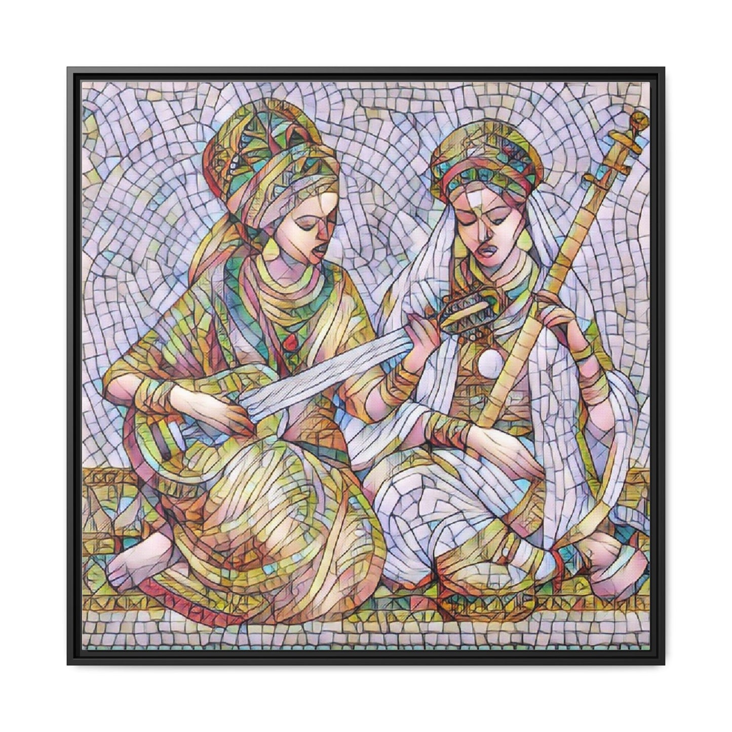 Framed Mosaic Art Print — Two Women Playing Lutes (Matte Canvas)