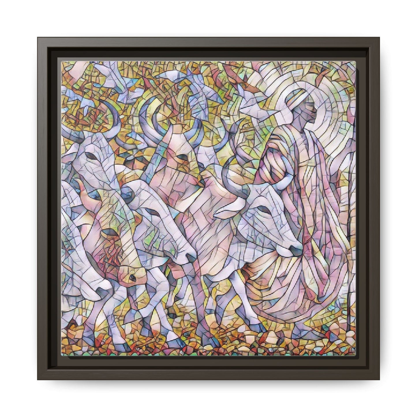 Framed Matte Canvas Art — Stained-Glass Style Cattle Herd