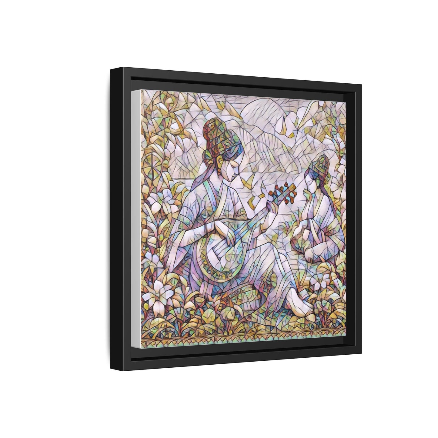 Framed Matte Canvas Art - Vintage Asian Musicians Floral Illustration