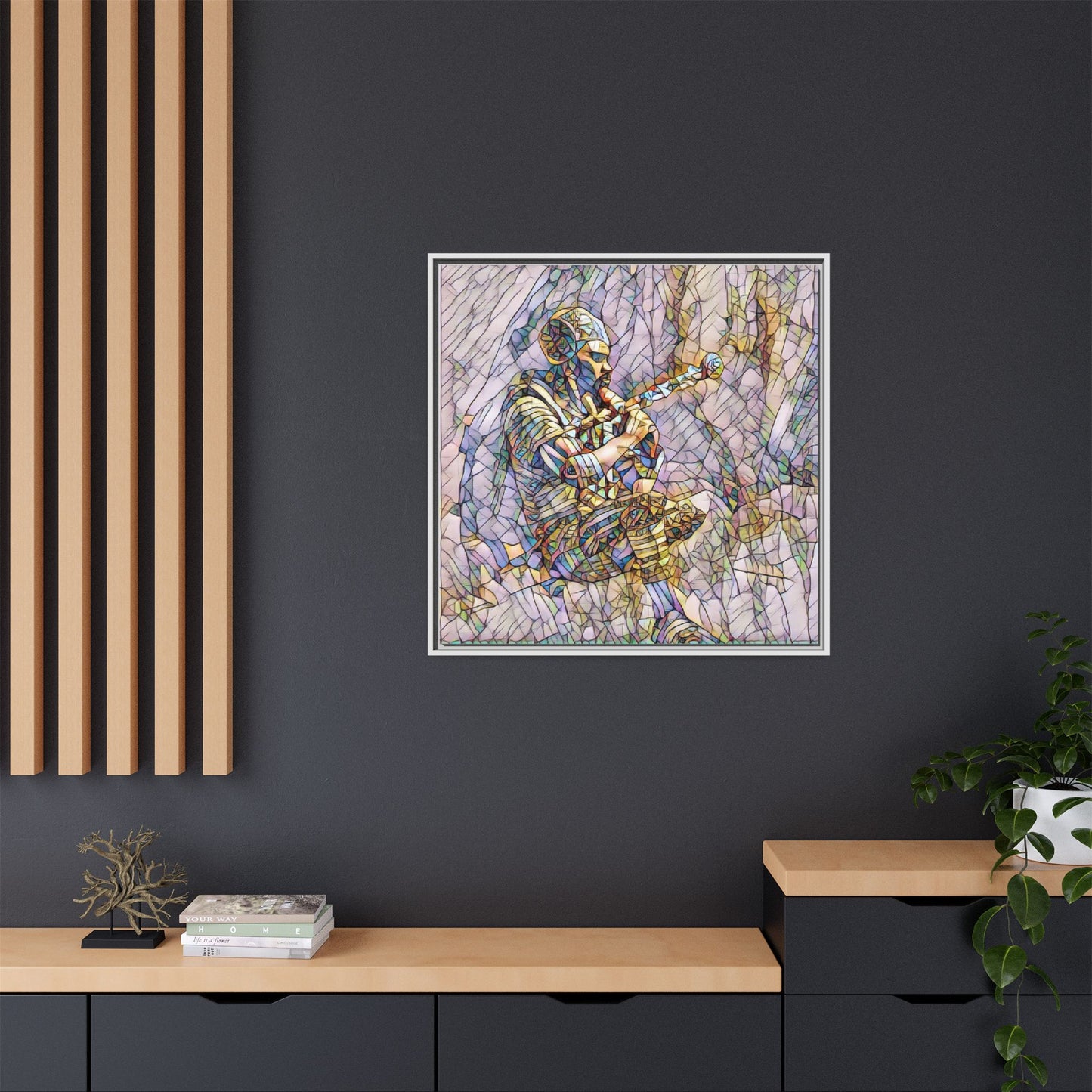 Celtic Piper Framed Matte Canvas — Stained-Glass Style Highland Bagpiper Art