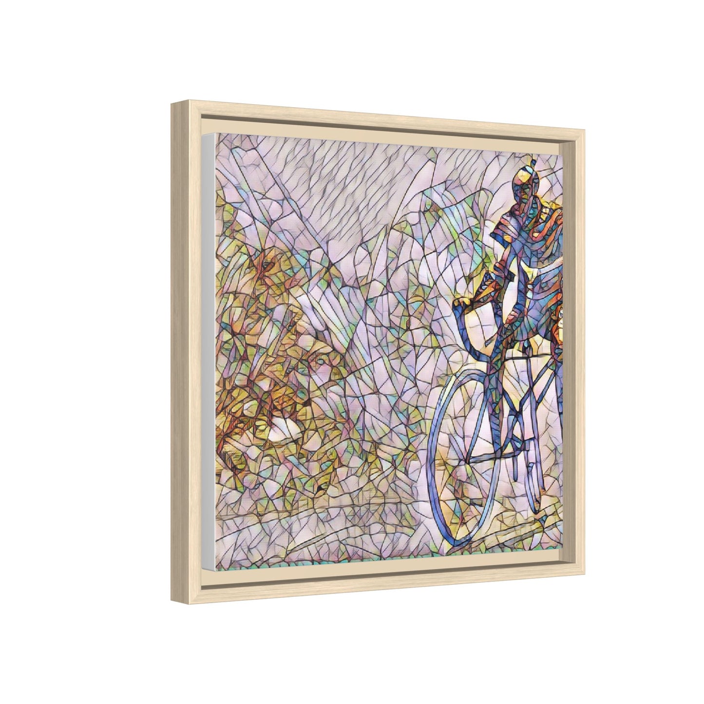 Colorful Cyclist Stained-Glass Art — Framed Matte Canvas