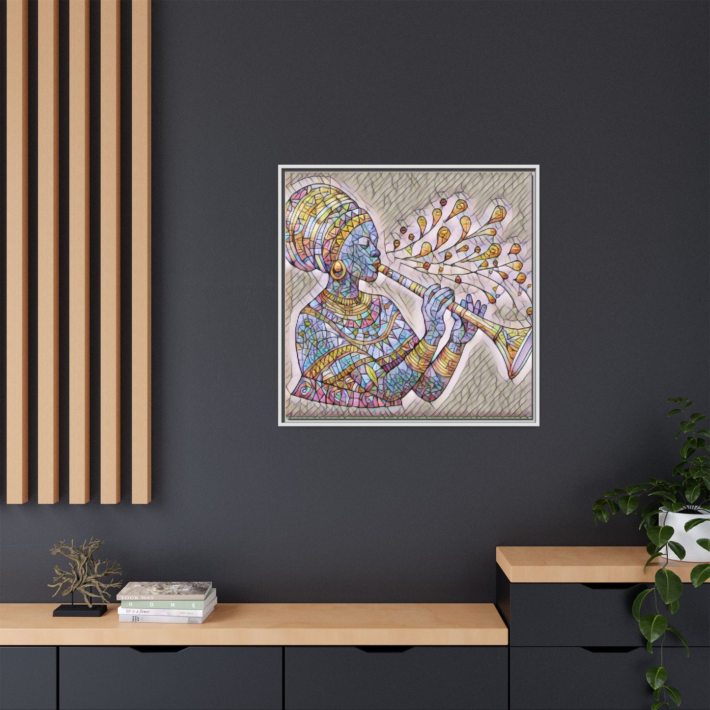 Framed Matte Canvas Art – Colorful African Musician Trumpet Print