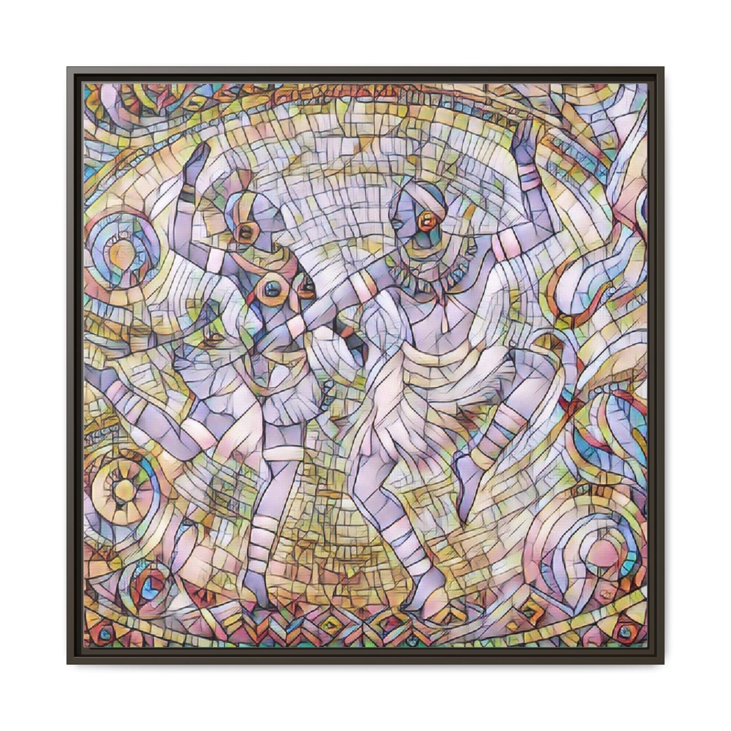 Abstract Dancers Matte Framed Canvas Wall Art — Multi‑Color Stained Glass Style