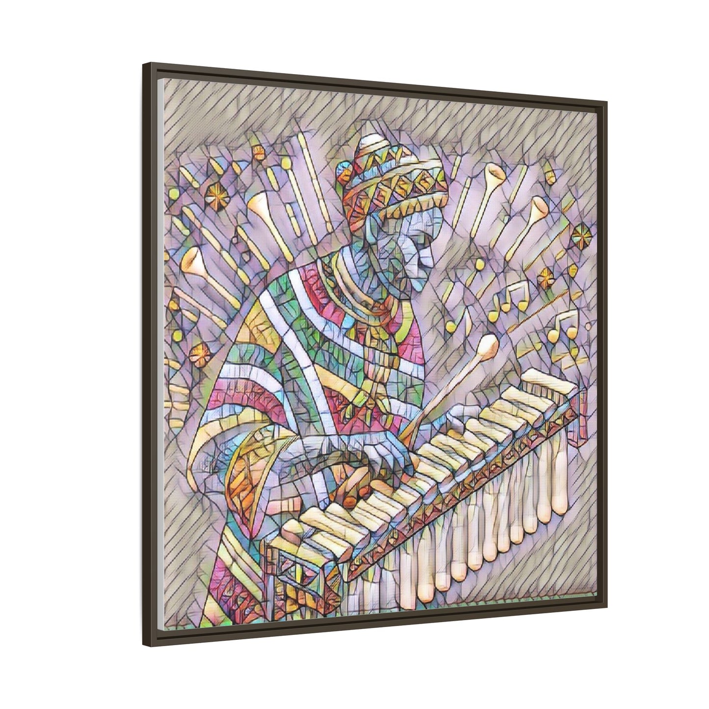 Colorful Marimba Musician Matte Framed Canvas — Vibrant African Instrument Wall Art