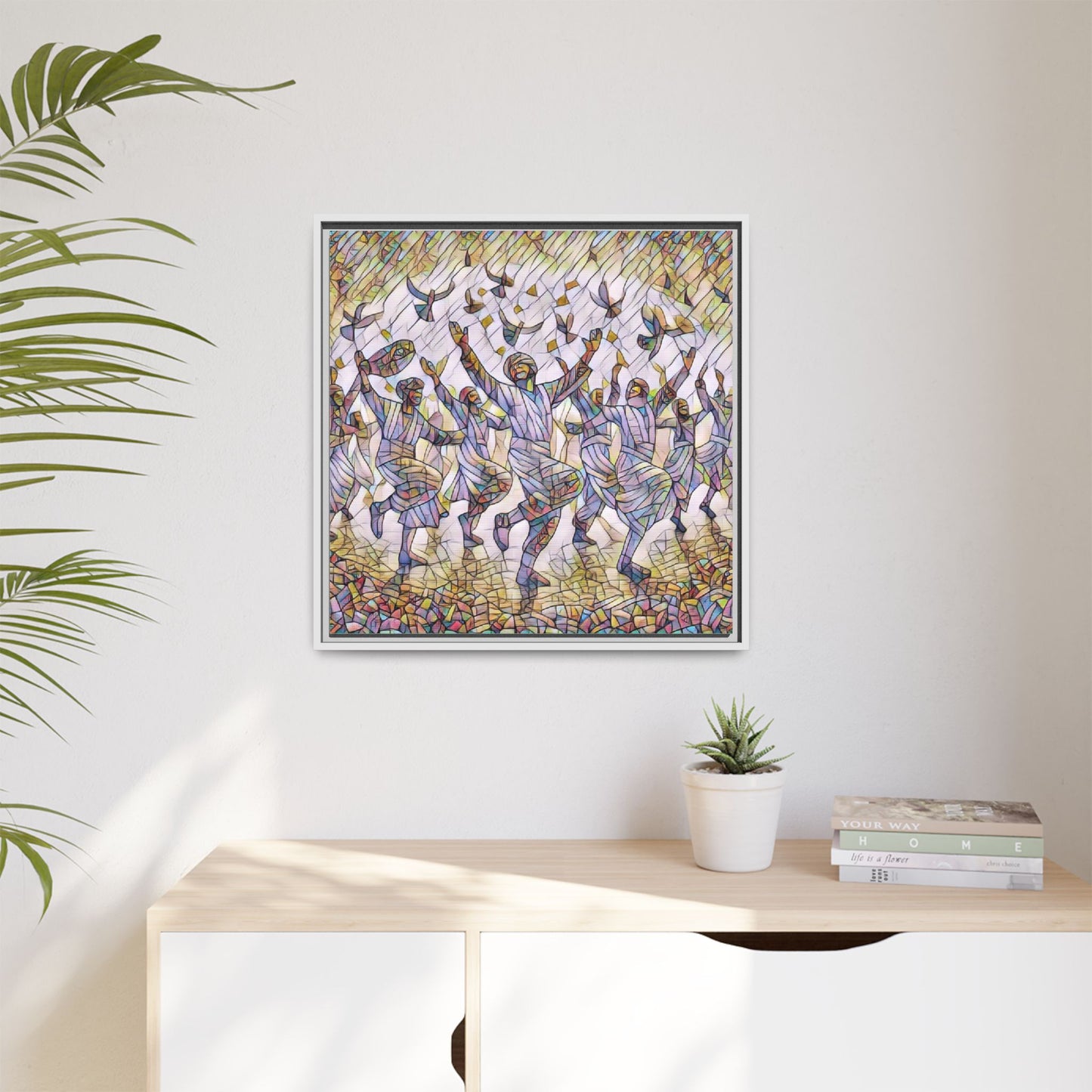 Framed Canvas Art - Joyful Dancers with Doves (Multicolor)