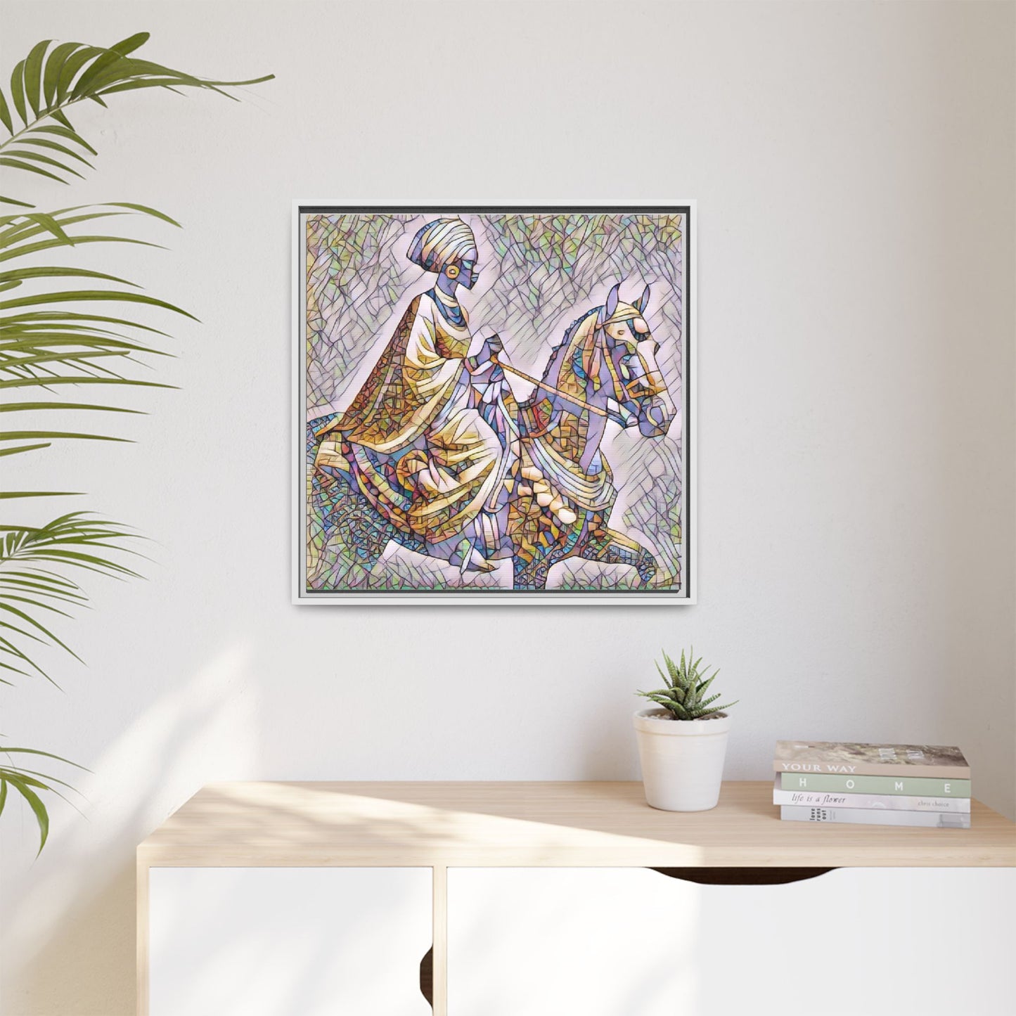 Mosaic Rider Framed Canvas Art — African Horsewoman Wall Decor