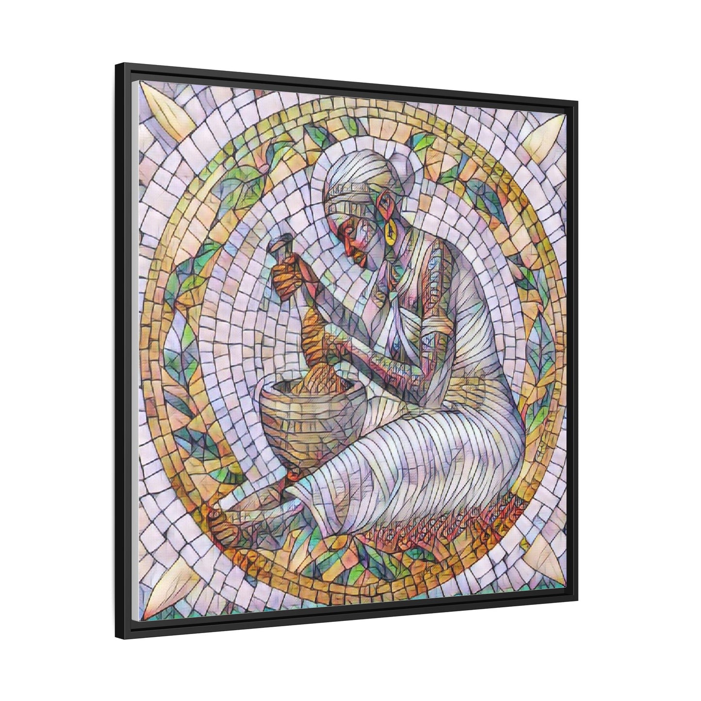 Framed Mosaic Art Print — Woman Grinding Grain (Matte Canvas)