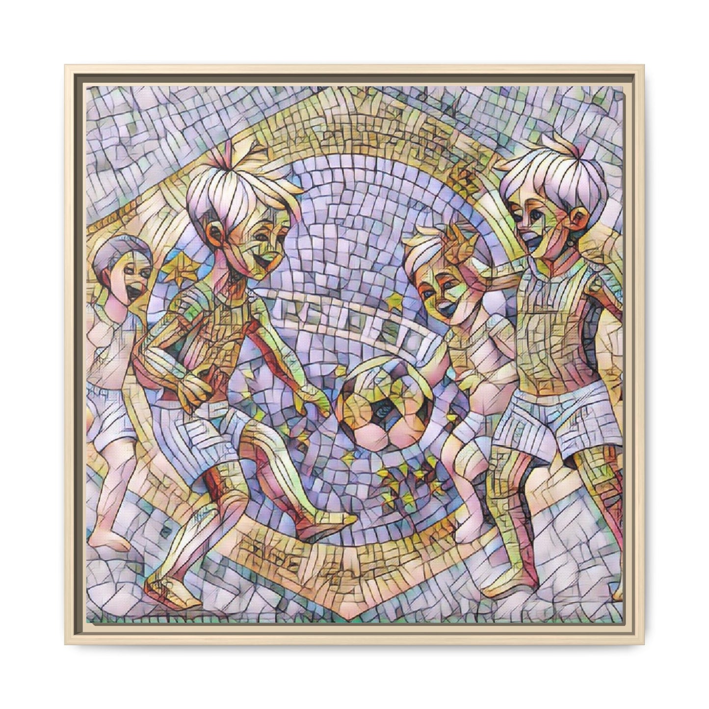 Framed Matte Canvas – Vintage Mosaic Kids Playing Soccer Art