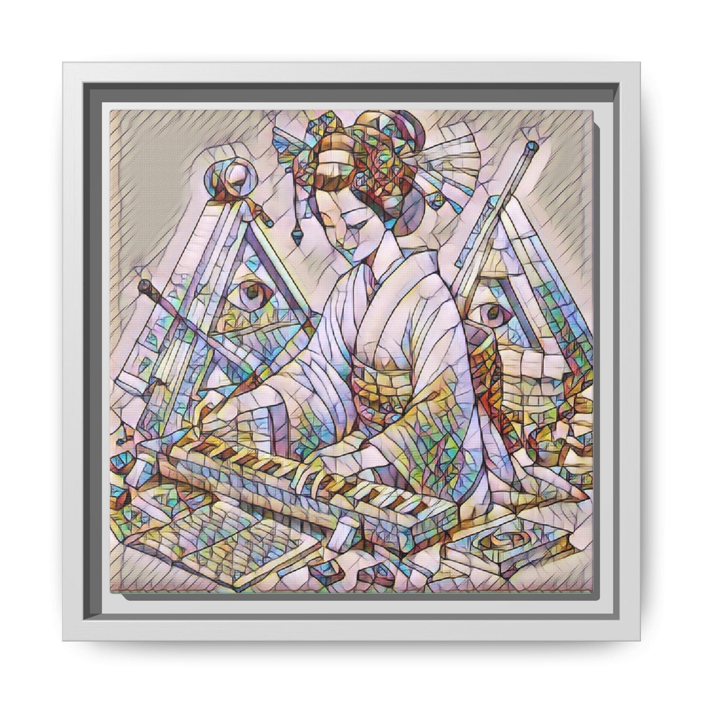 Framed Matte Canvas: Stained-Glass Geisha Wall Art