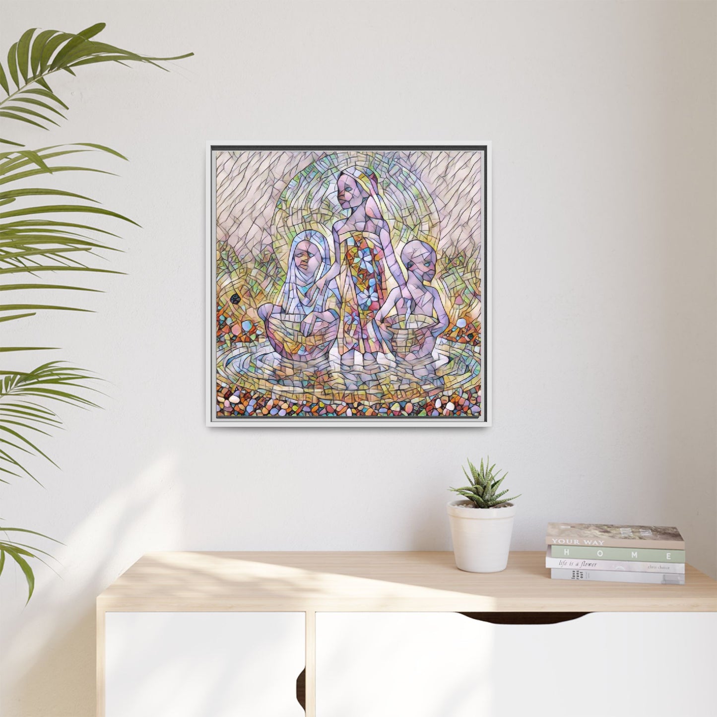 Framed Matte Canvas Art — Stained Glass Trio Women Illustration