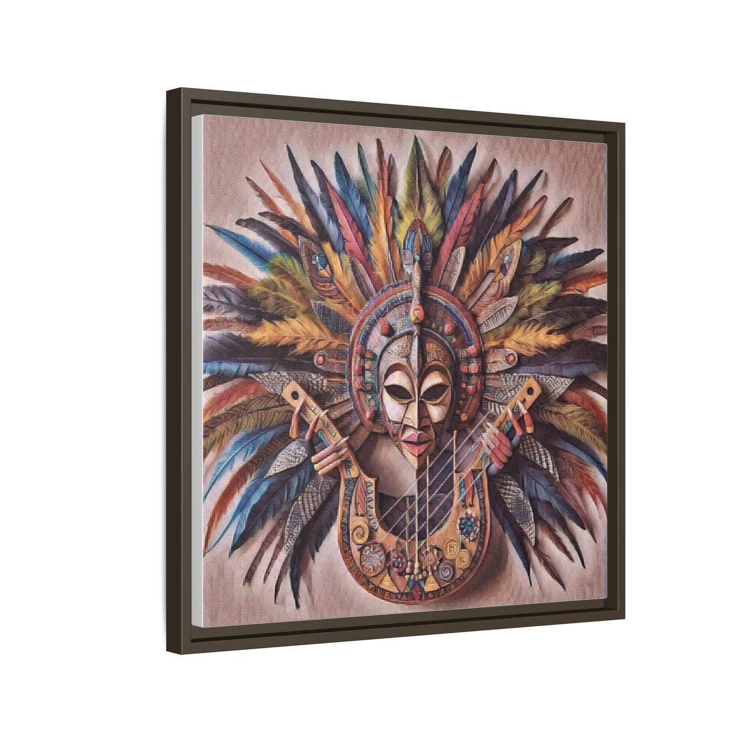 Tribal Feather Mask Guitar Framed Canvas Art — Colorful Boho Wall Decor