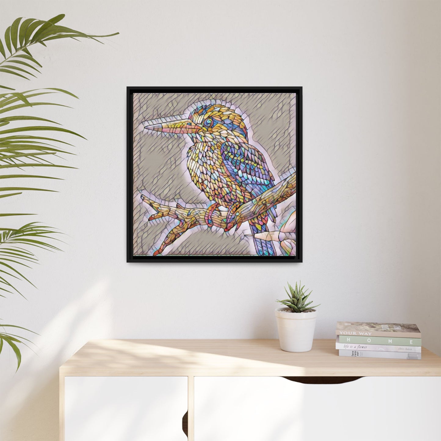 Colorful Kingfisher Framed Canvas Wall Art — Stained-Glass Style Bird Print
