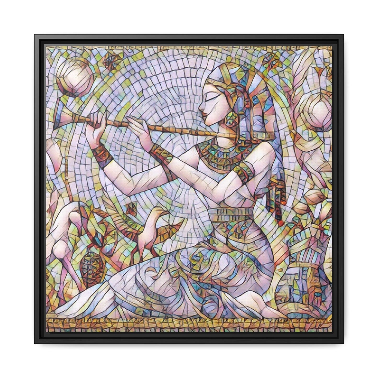Egyptian Flute Player Framed Canvas Art — Colorful Mosaic Wall Decor