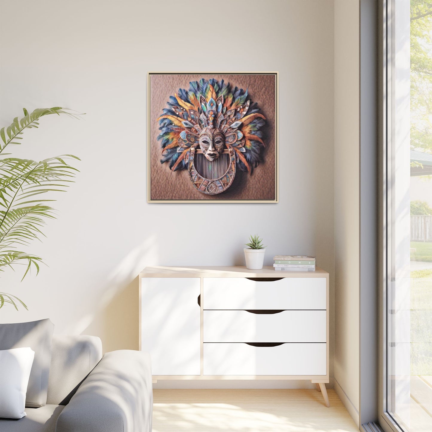 Tribal Feather Mask Framed Canvas Wall Art — Colorful Boho Decorative Print