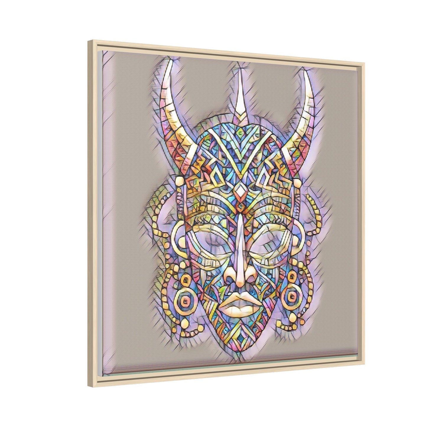 Colorful Tribal Mask Framed Canvas Art — Abstract Ethnic Wall Decor
