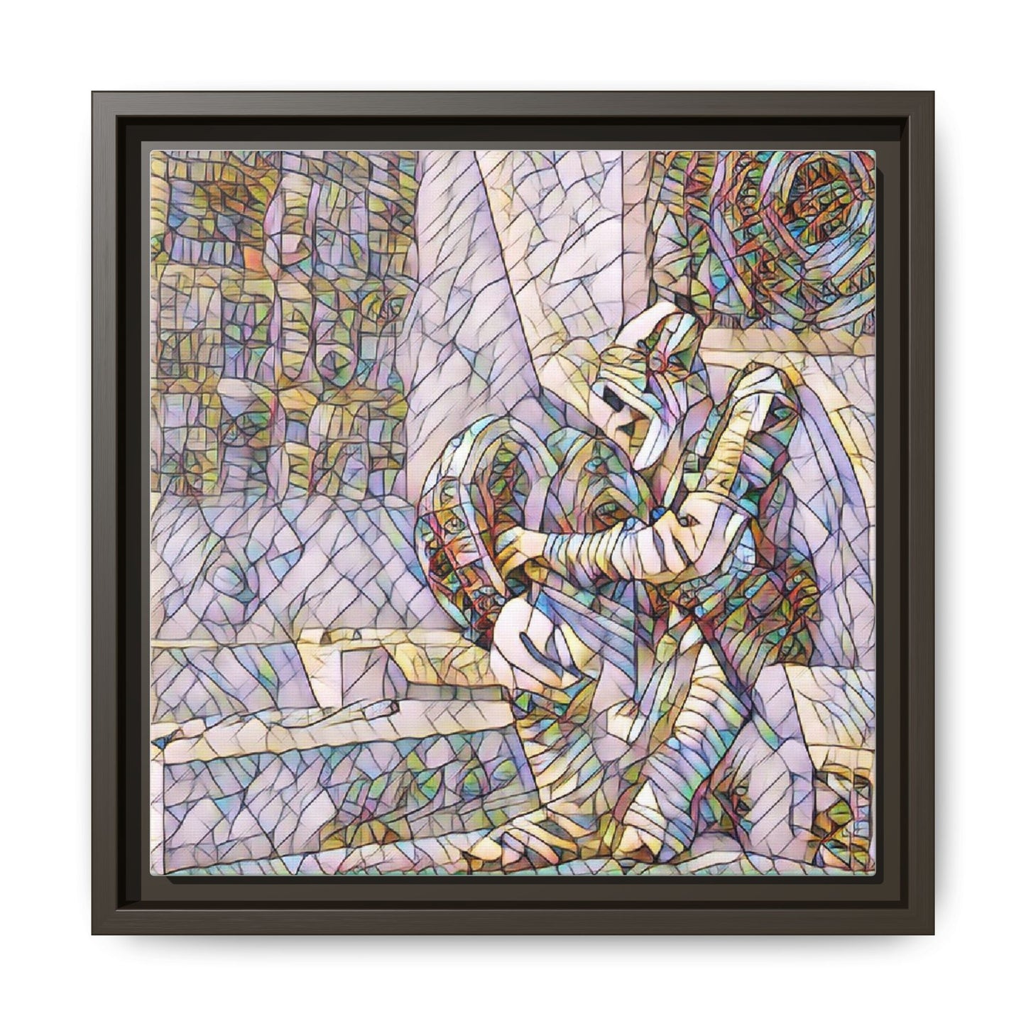 Framed Matte Canvas Art — Colorful Stained-Glass Astronaut Embrace