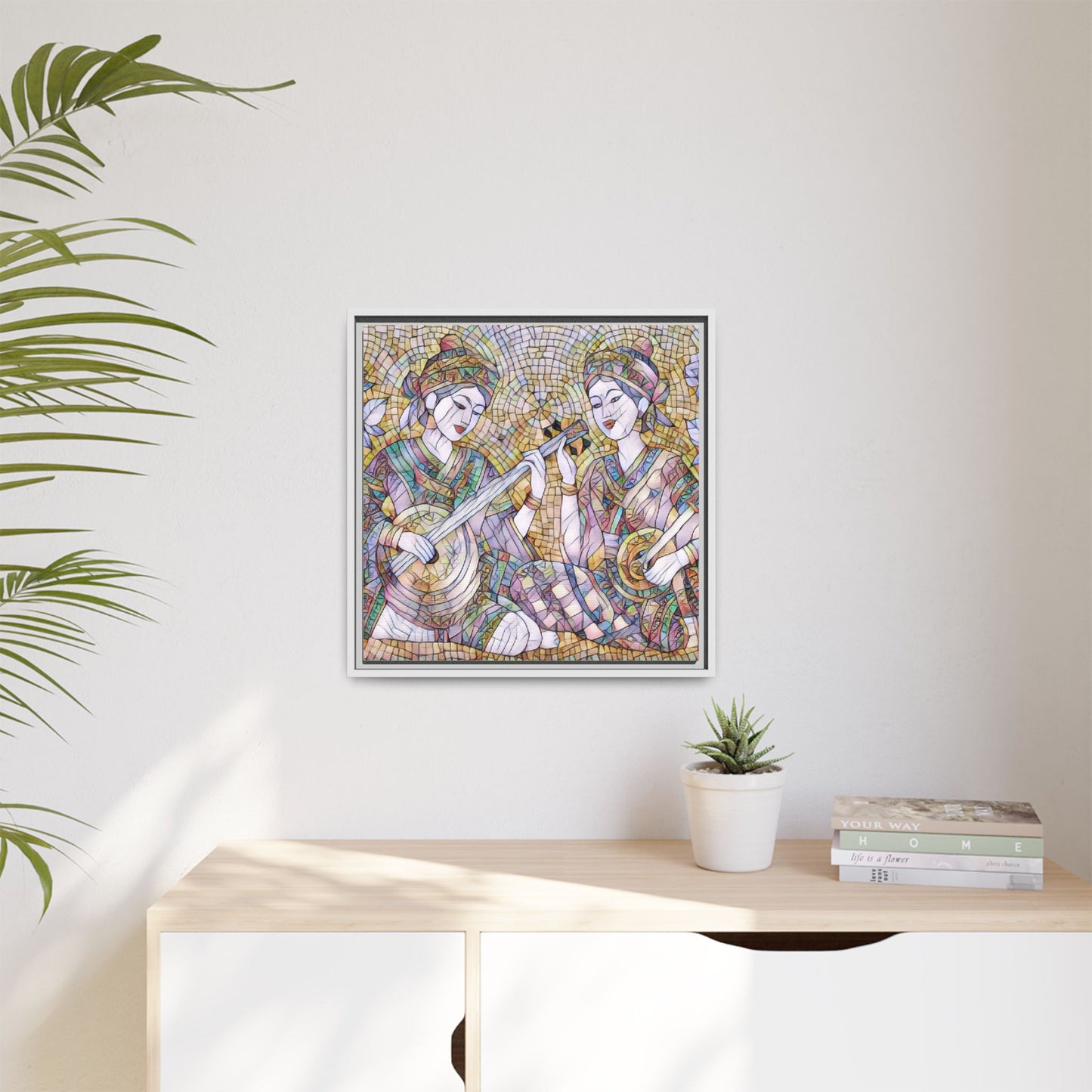 Framed Mosaic Musician Canvas Art — Ethnic Duo Wall Decor