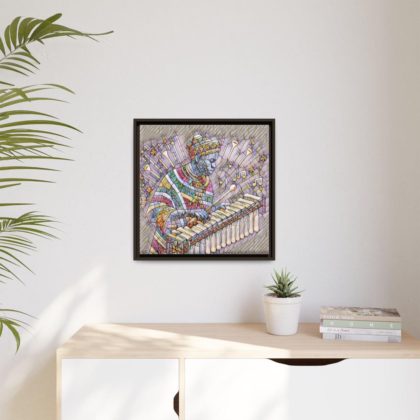 Colorful Marimba Musician Matte Framed Canvas — Vibrant African Instrument Wall Art