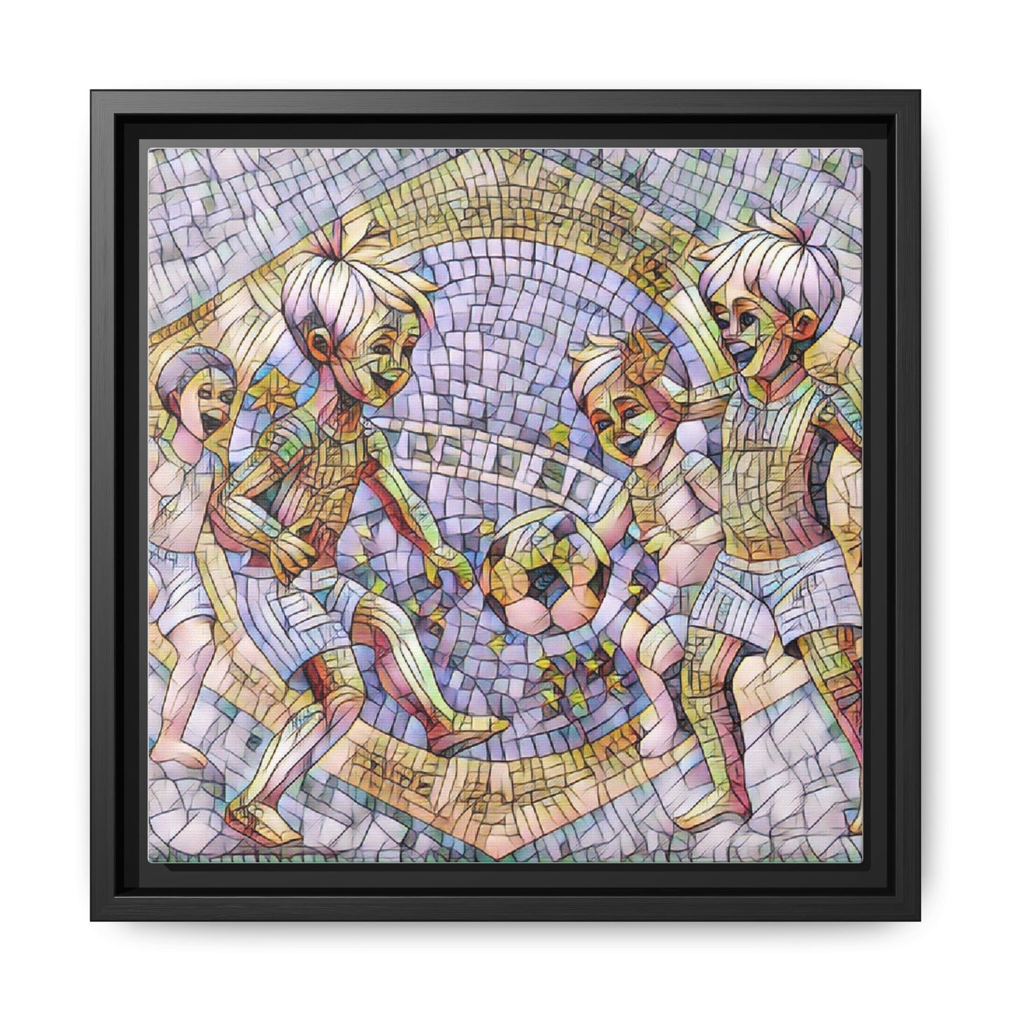 Framed Matte Canvas – Vintage Mosaic Kids Playing Soccer Art