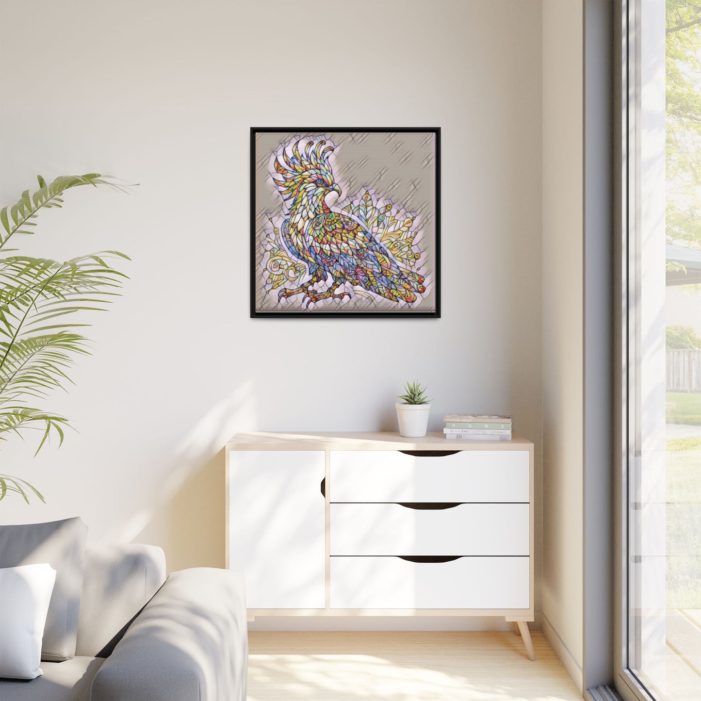 Colorful Stained-Glass Cockatoo Matte Framed Canvas