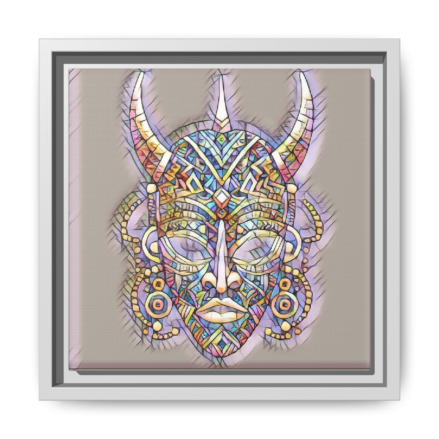Colorful Tribal Mask Framed Canvas Art — Abstract Ethnic Wall Decor