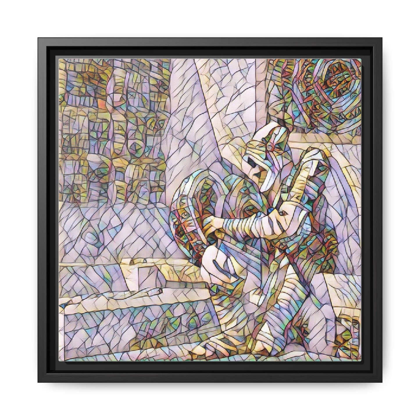 Framed Matte Canvas Art — Colorful Stained-Glass Astronaut Embrace