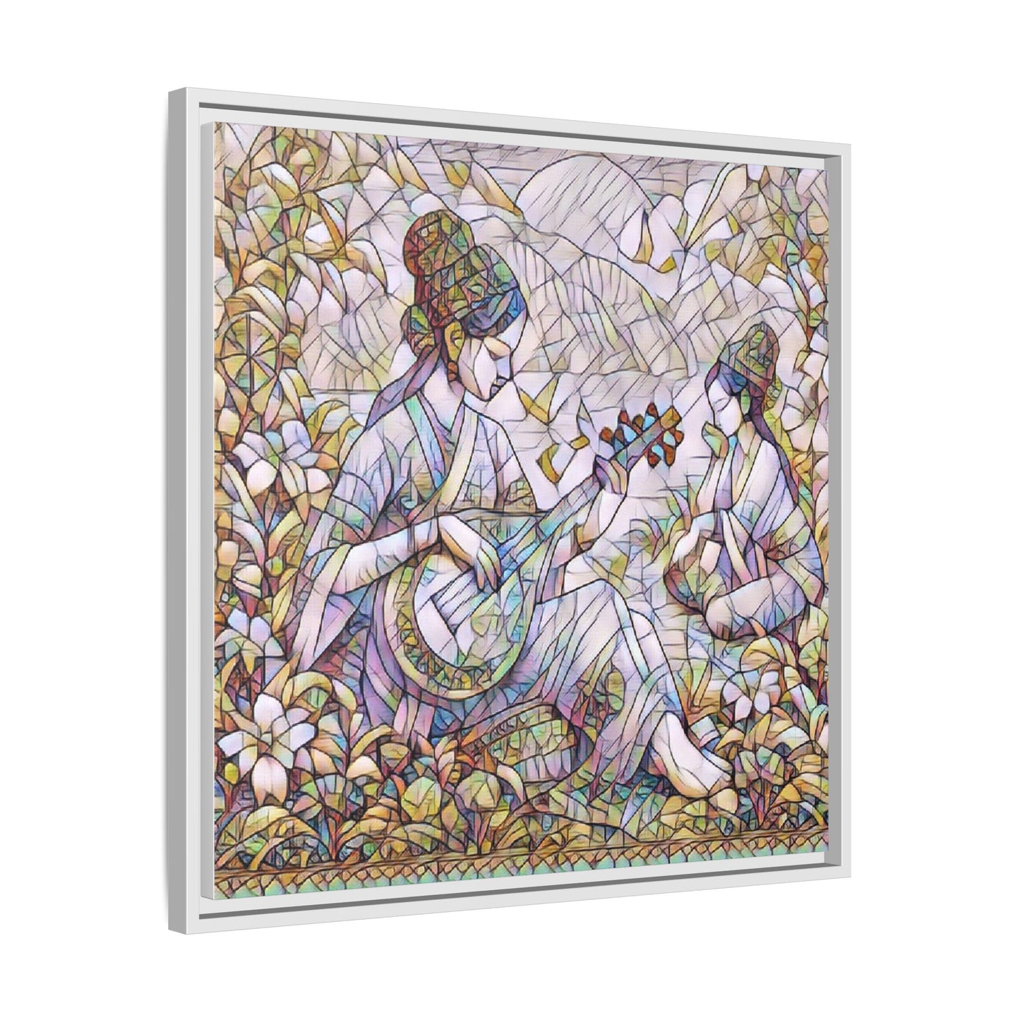 Framed Matte Canvas Art - Vintage Asian Musicians Floral Illustration