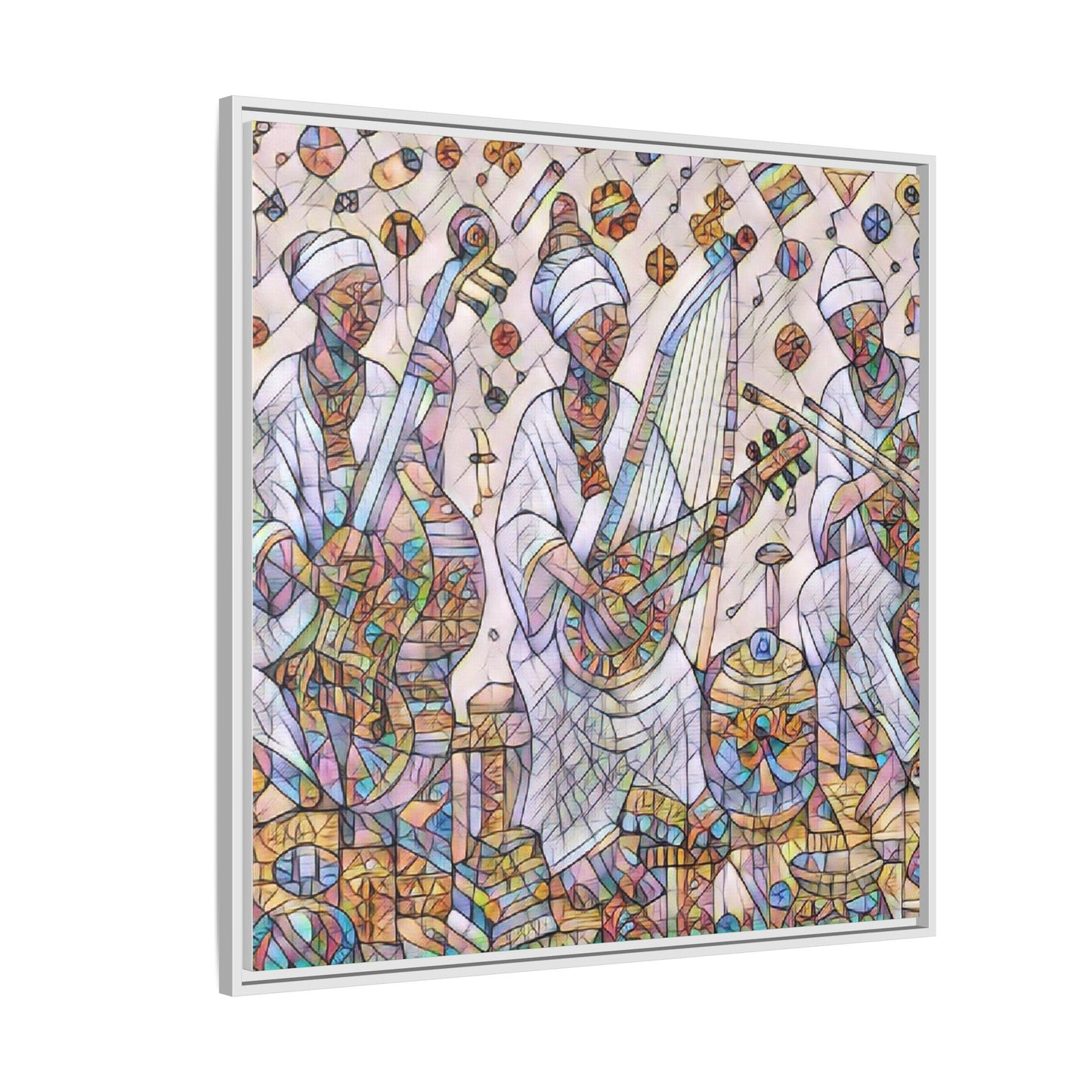 Framed Matte Canvas Print — Colorful African Musicians Stained-Glass Art