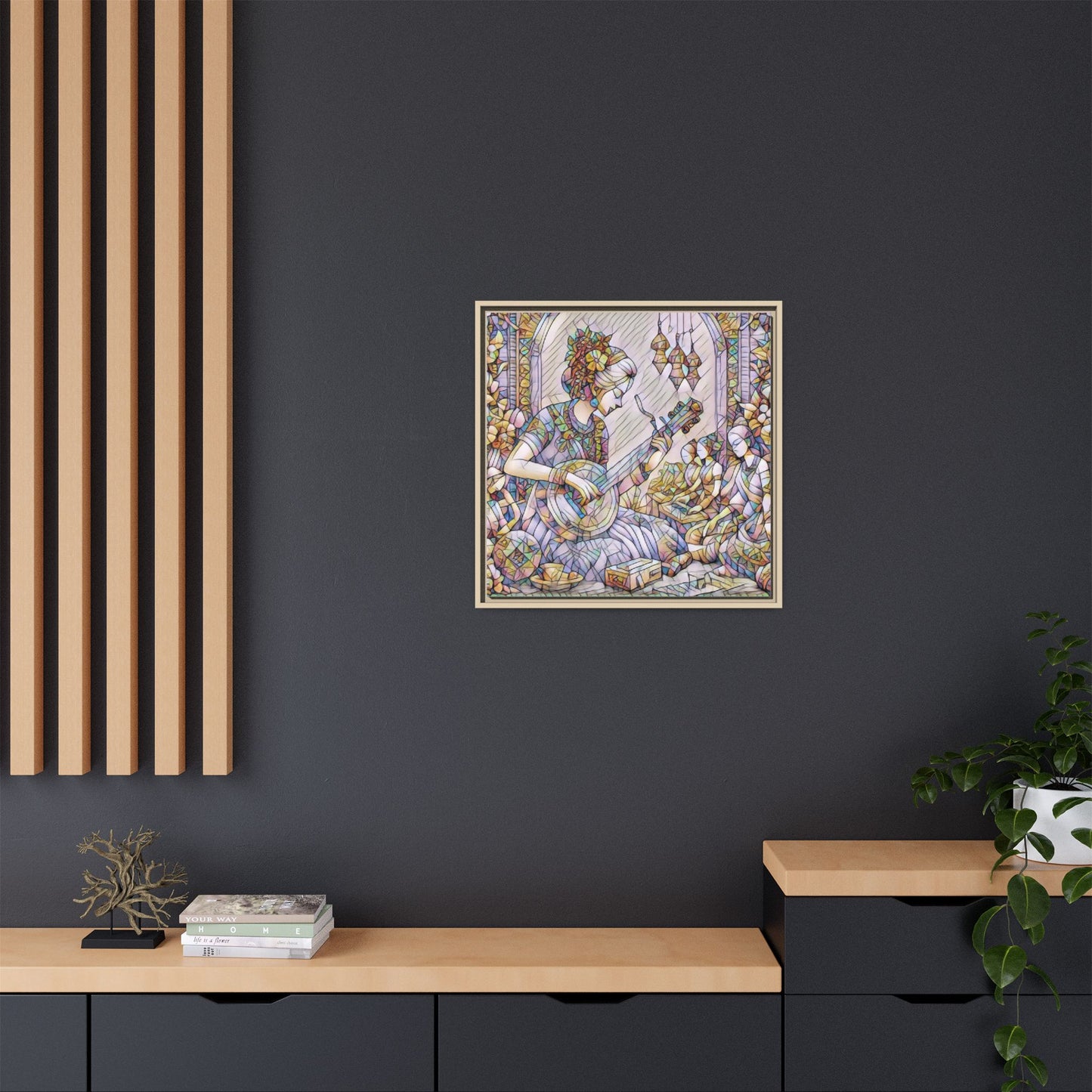 Framed Matte Canvas: Bohemian Woman Playing Lute — Stained-Glass Style Wall Art