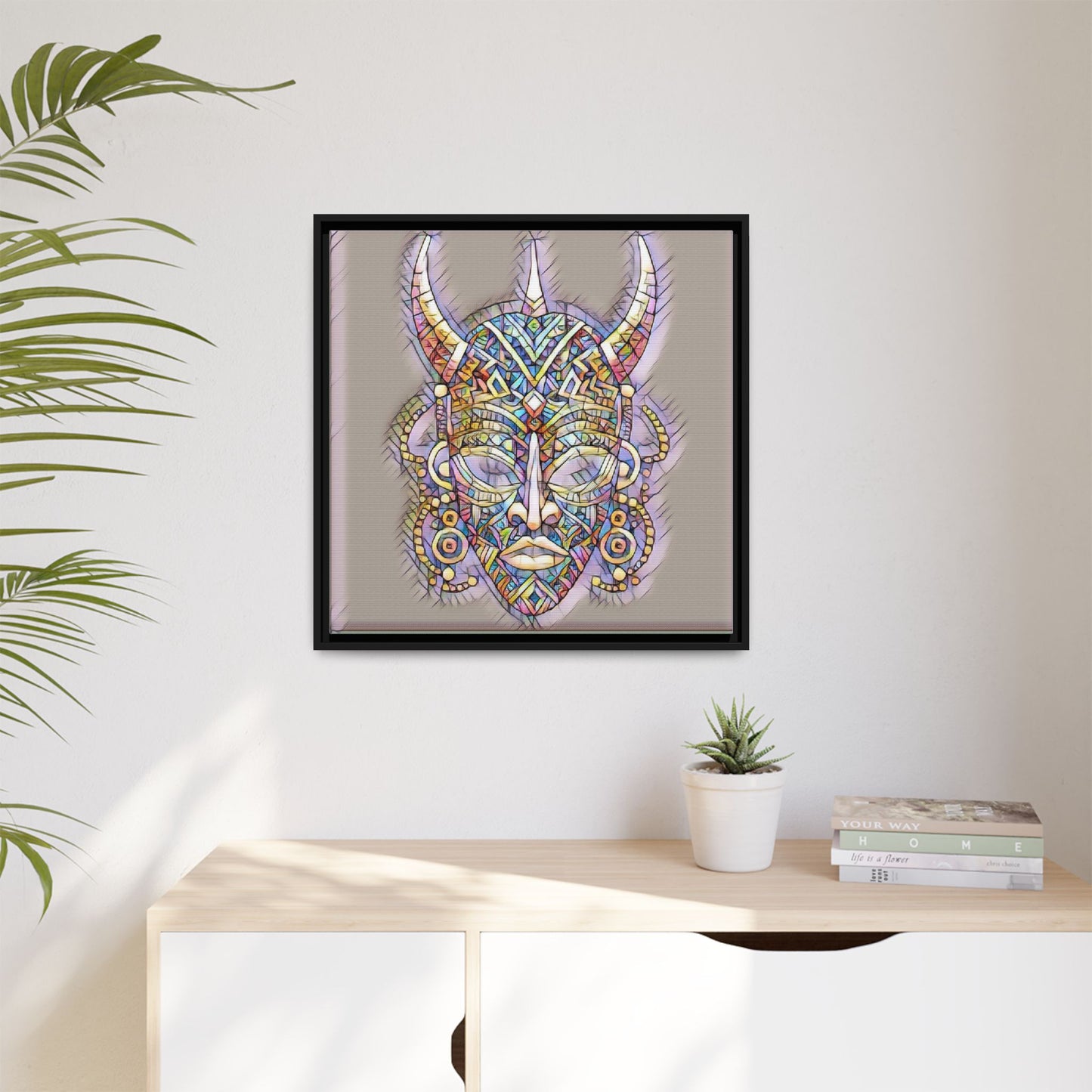 Colorful Tribal Mask Framed Canvas Art — Abstract Ethnic Wall Decor