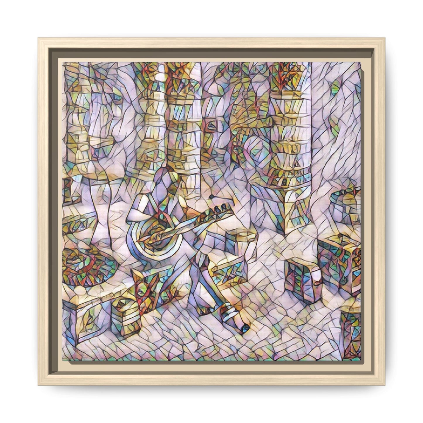 Framed Matte Canvas Art - Abstract Guitarist in Colorful Mosaic