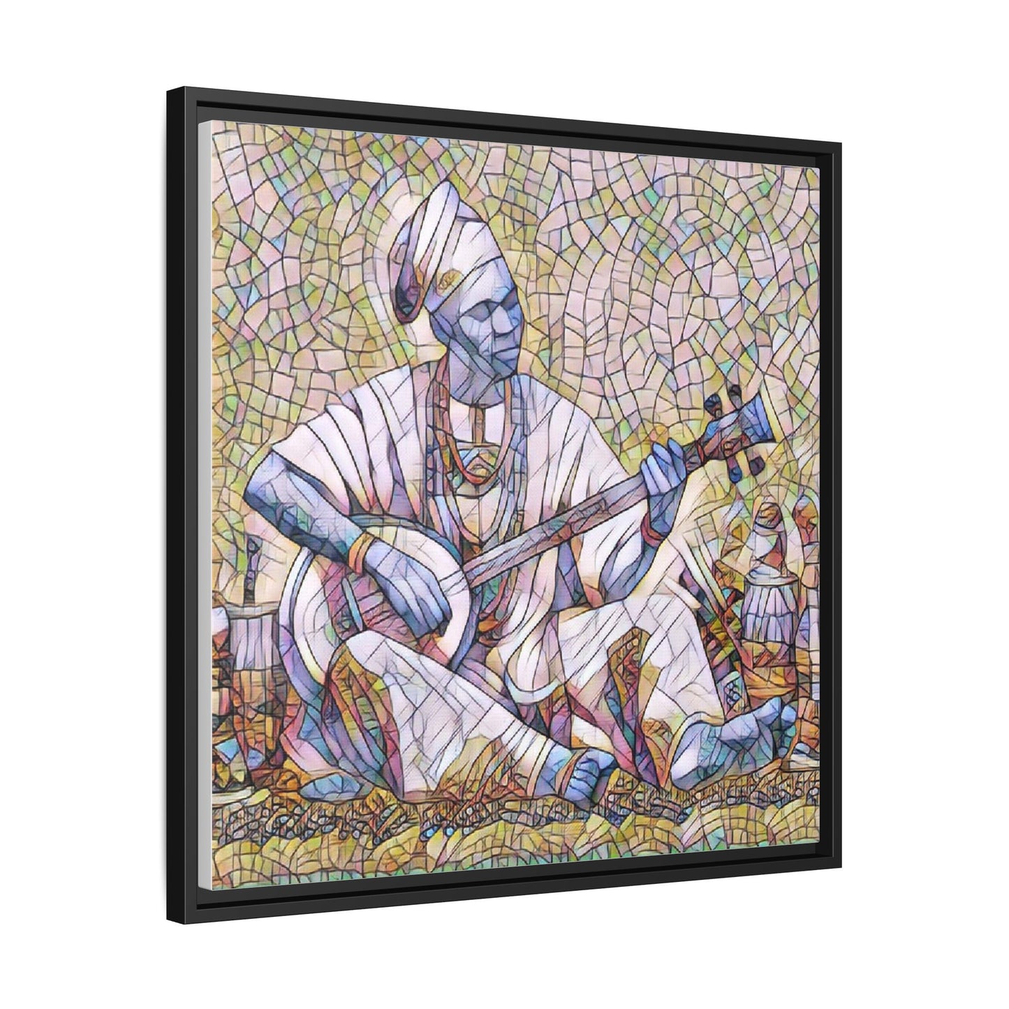 Framed Mosaic Musician Canvas Art — African Griot with Kora