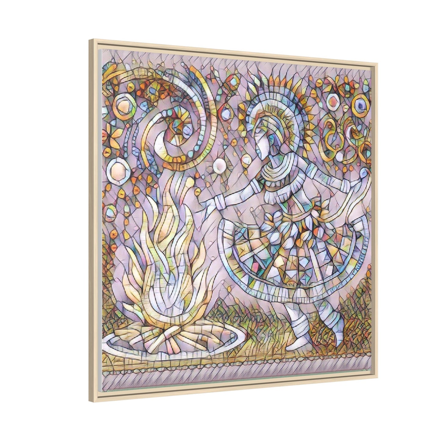Bohemian Fire Dancer Framed Canvas Art — Colorful Folk Mosaic Wall Decor