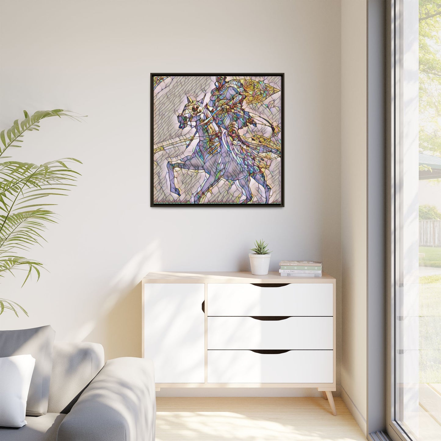 Framed Matte Canvas Art — Stained Glass Knight on Horse Fantasy Wall Decor