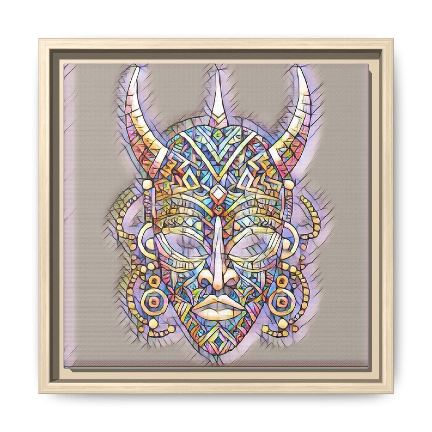 Colorful Tribal Mask Framed Canvas Art — Abstract Ethnic Wall Decor