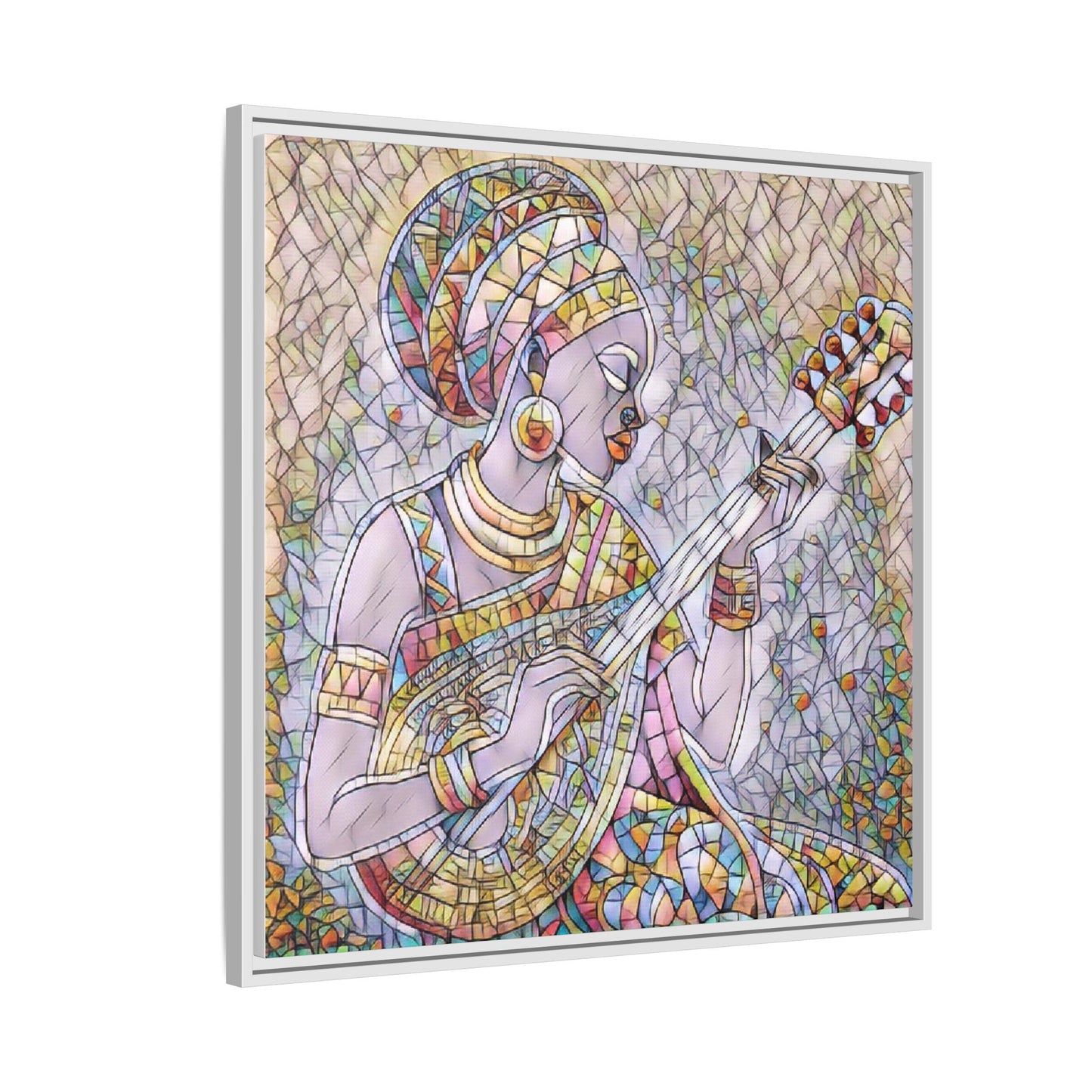 Framed Canvas Art — Colorful African Woman Playing Lute (Matte Multi‑Color)