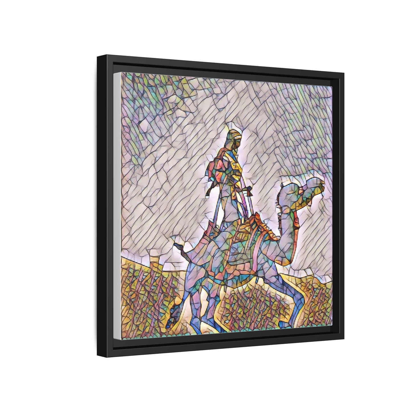 Framed Camel Rider Matte Canvas Art — Colorful Mosaic Desert Wall Decor