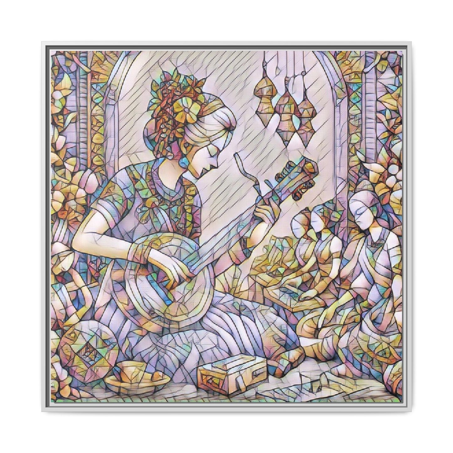 Framed Matte Canvas: Bohemian Woman Playing Lute — Stained-Glass Style Wall Art