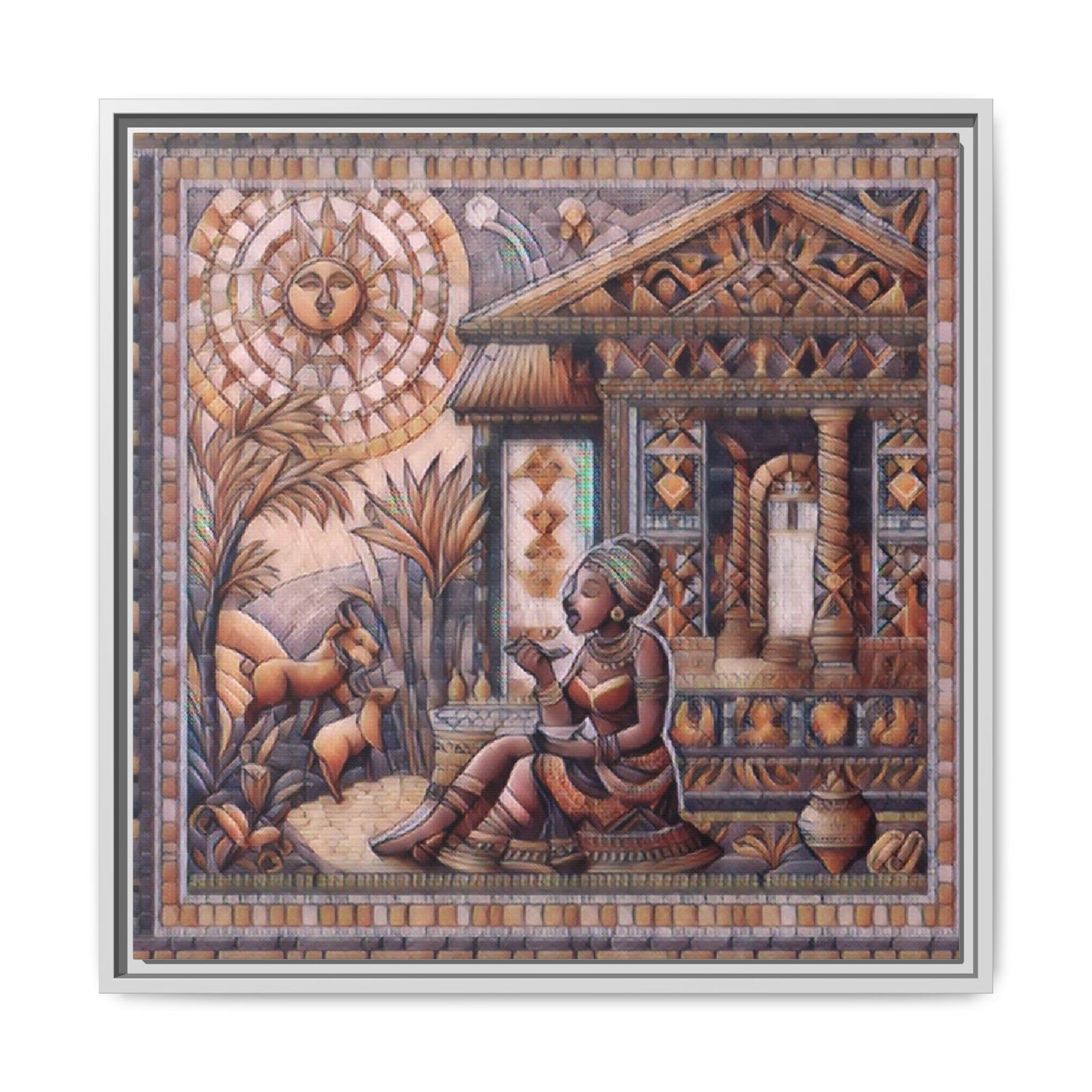 Egyptian Goddess Mosaic Framed Canvas Art — Colorful Ancient Ritual Wall Decor