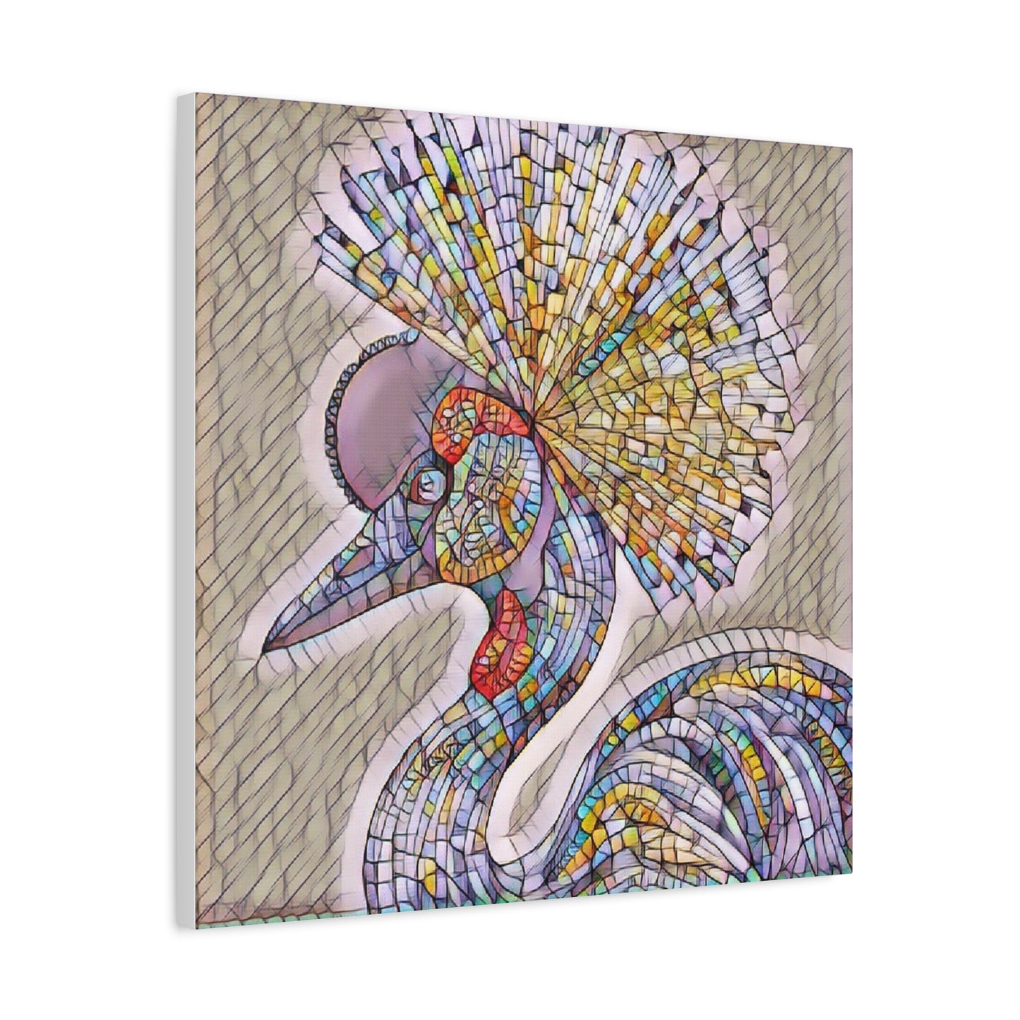 Colorful Mosaic Crowned Crane Canvas Wall Art — Stretched Matte Print